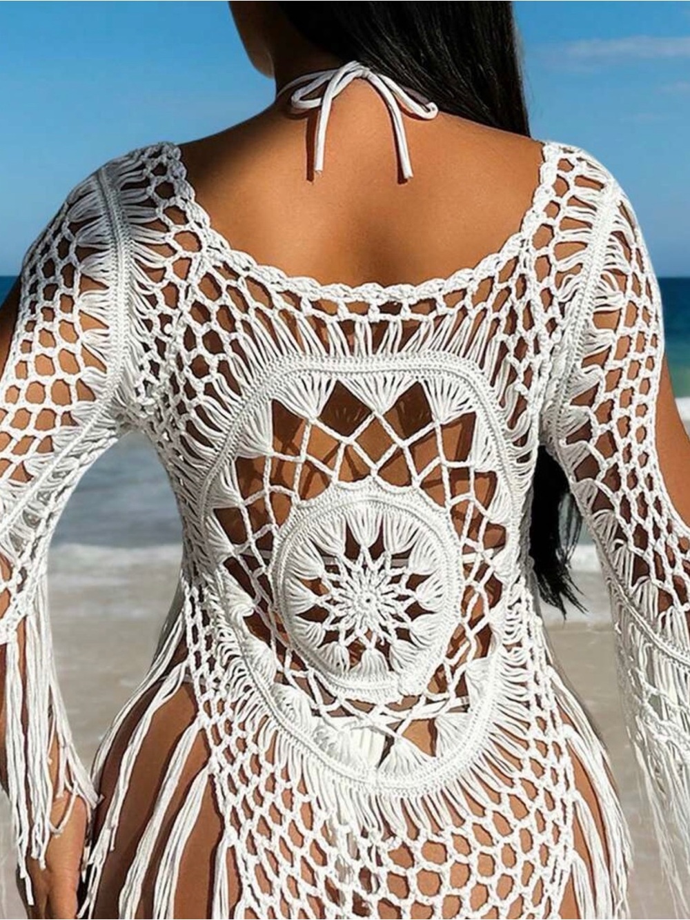 Women’s White Crochet Fringe Beach Cover-Up - Picture 2 of 3